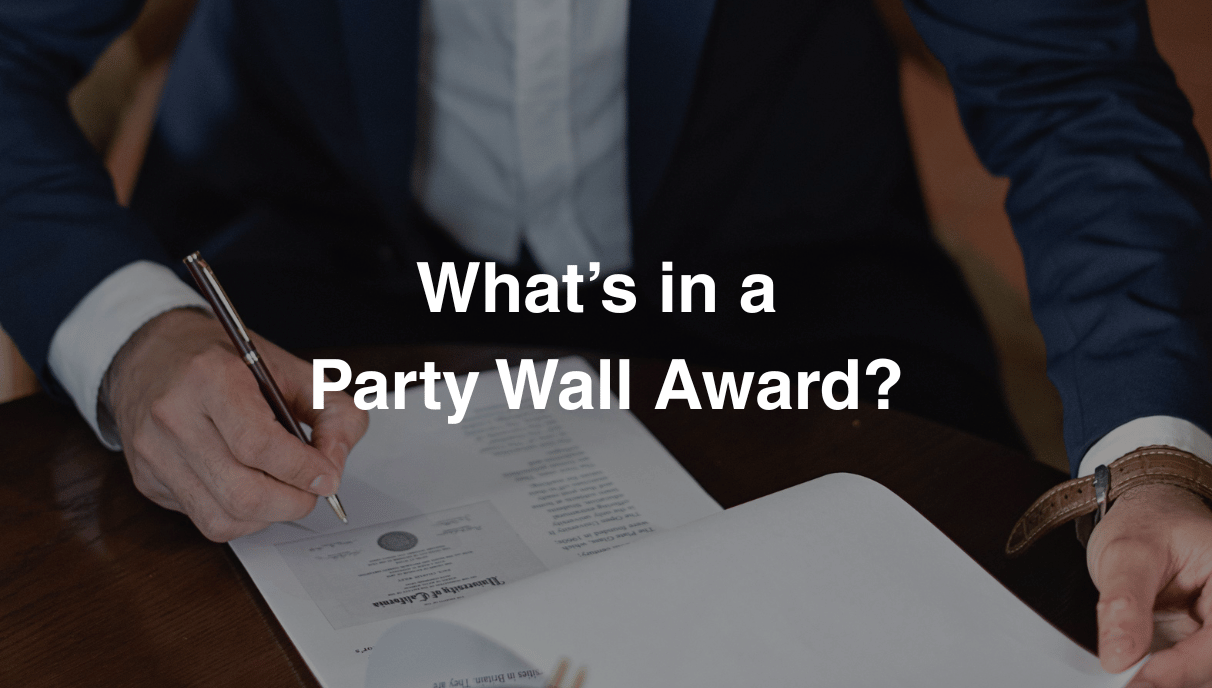 Diagram showing the key contents of a Party Wall Award, including works description, surveyor details, and protection measures.
